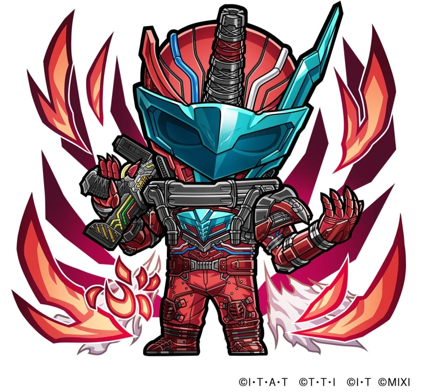 赤と青の装甲をまとったデフォルメスタイルの仮面ライダービルド(ラビットタンクフォーム)が武器を構えるイラストです。躍動感のある背景が特徴的です。