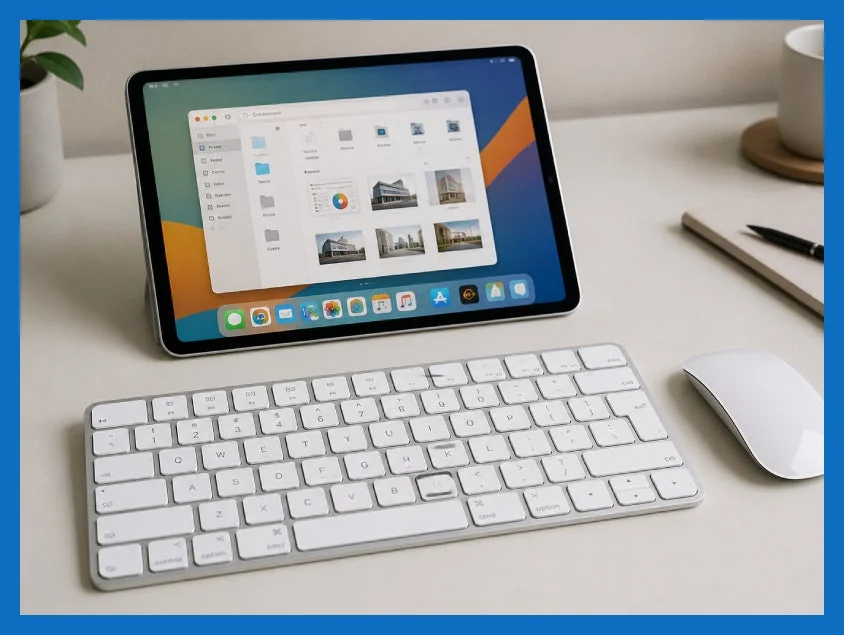 iPad、キーボード、マウスが置かれたデスク