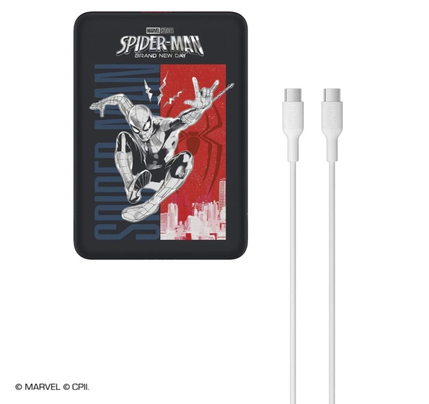 スパイダーマンデザインのモバイルバッテリーとUSB-Cケーブル