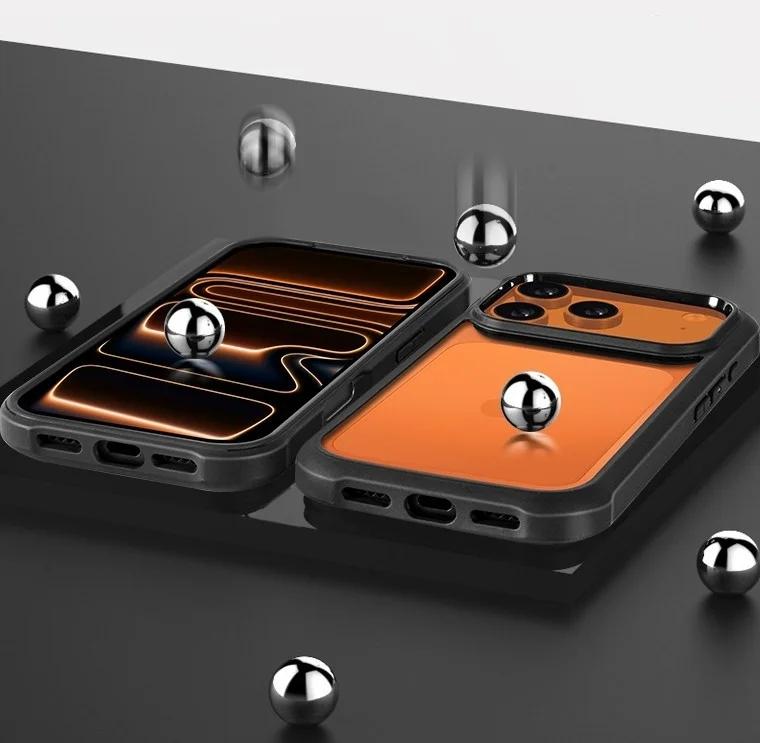 スマートフォンケース、保護ケース、耐衝撃、ガジェット、オレンジ、ブラック、テクノロジー、製品写真、メタリックボール