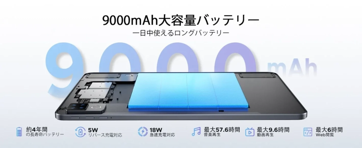 9000mAh大容量バッテリー