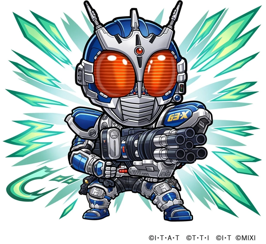 青と銀色のアーマーをまとった仮面ライダーG3-Xのデフォルメイラスト。巨大なガトリングガンを構え、周囲には緑色のエフェクトが描かれており、力強くクールな印象を与えます。