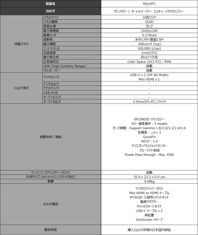 ZenScreen OLED MQ16FCの製品仕様