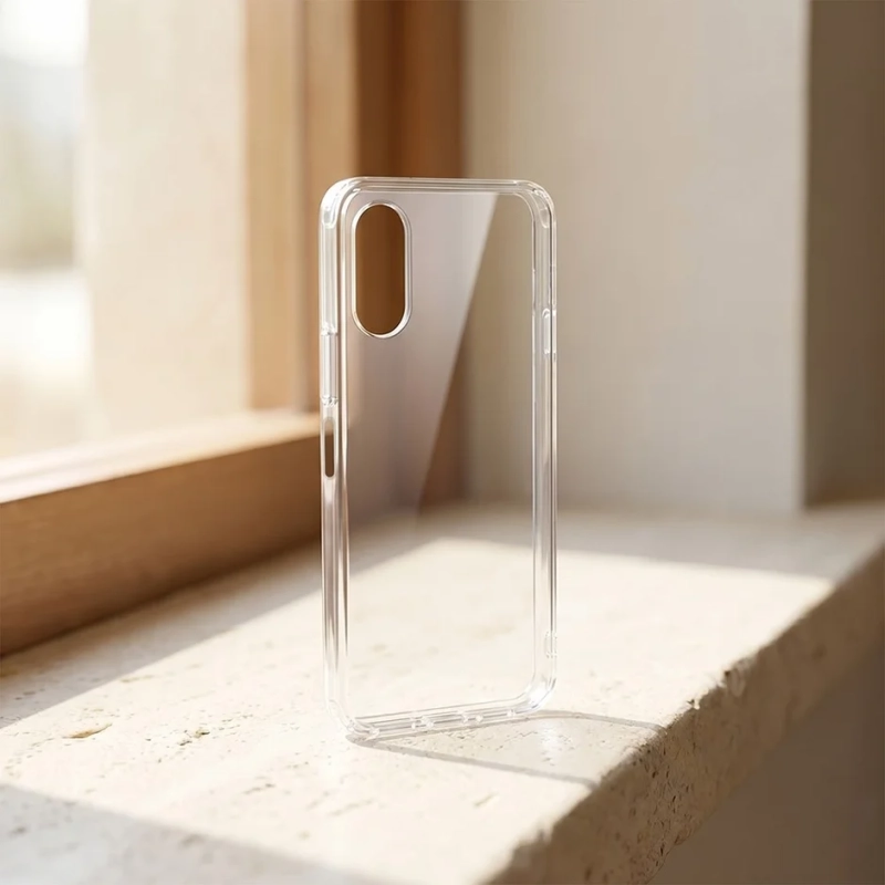 窓辺の石膏のような表面に立てられた透明なスマートフォンケース
