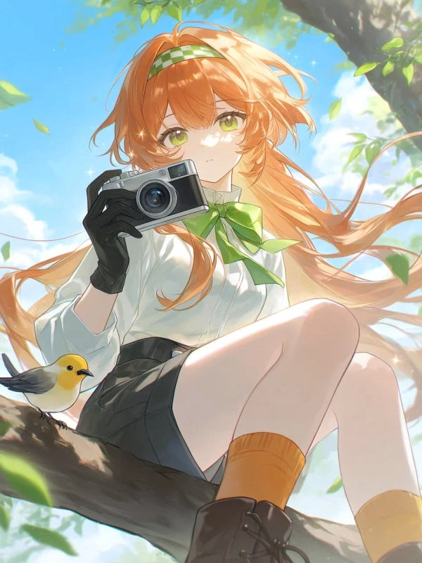 オレンジ色の髪の少女が木の上でカメラを構え、隣には小鳥が寄り添っている