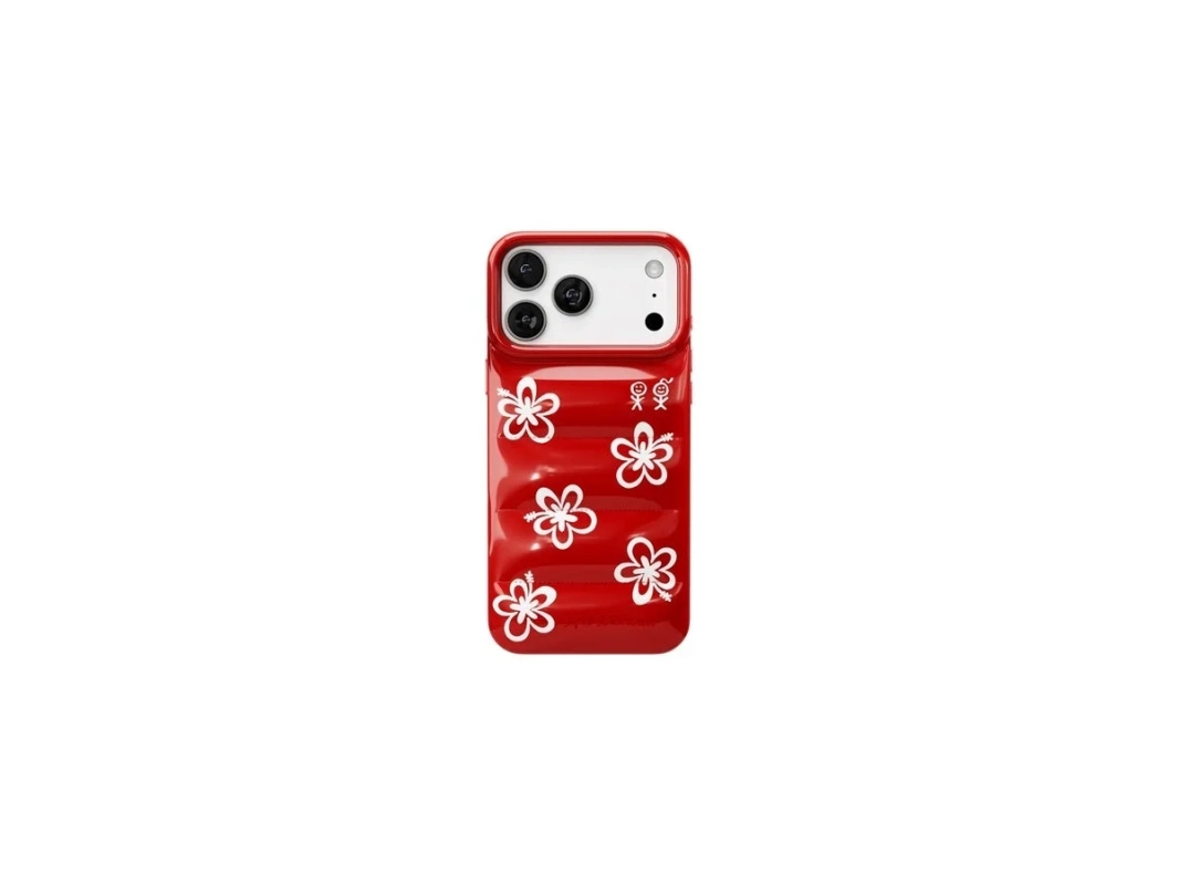 白いハイビスカスのような花柄がデザインされた、赤いiPhoneケース