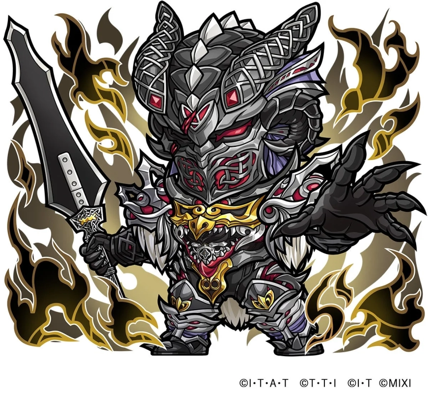 黒い鎧をまとったデフォルメされた怪物キャラクターが、巨大な剣を持ち、威嚇するようなポーズをとっています。全身に施された緻密な装飾と、背景の炎のような模様が特徴的な、ダークファンタジー風のイラストです。