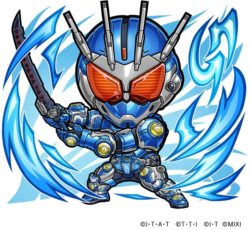 青を基調とした仮面ライダーのちびキャラが、剣を構え、青いエフェクトに囲まれながら躍動感のあるポーズをとっているイラストです。