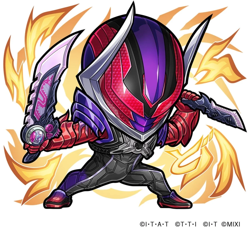 デフォルメされた仮面ライダーのようなヒーローキャラクターが、両手に武器を持ち、炎のようなエフェクトを背に構えているイラストです。赤、紫、黒を基調とした派手なデザインが特徴的です。