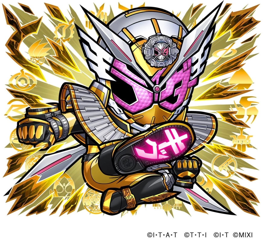 金色とピンク色を基調としたデフォルメされた仮面ライダージオウが、キックポーズをとっているイラストです。背景には様々な仮面ライダーのシンボルが描かれており、モンスターストライクとのコラボレーションを示唆しています。