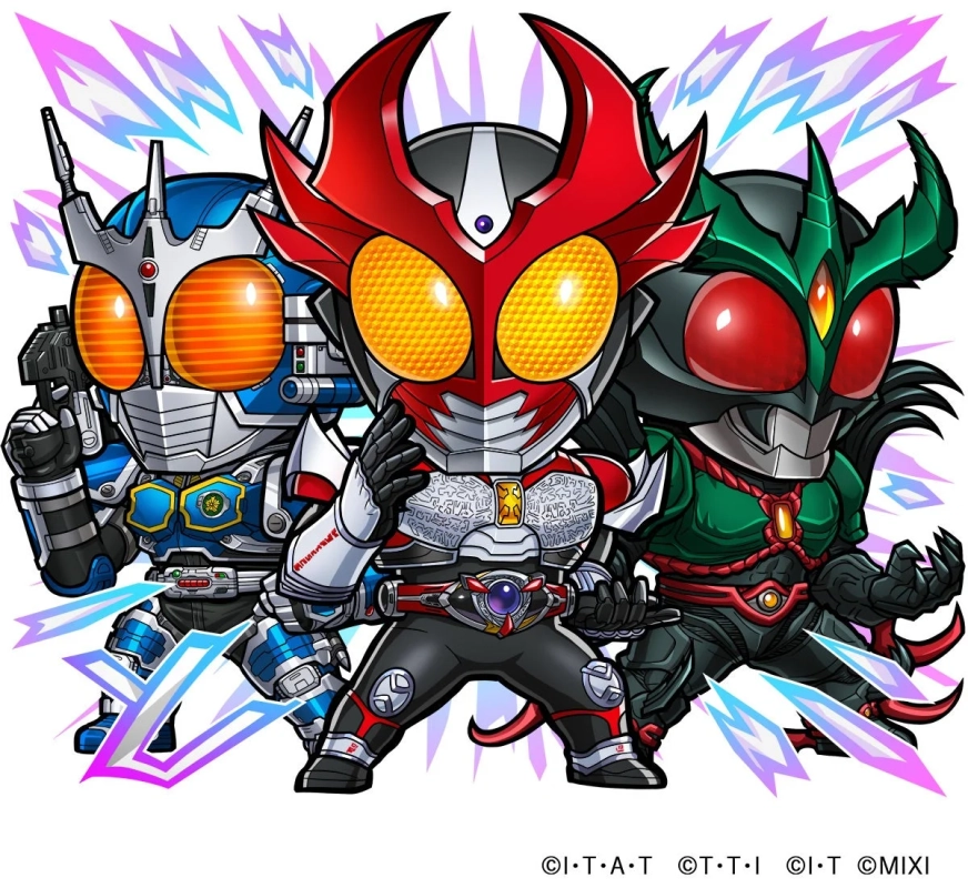 デフォルメされた仮面ライダークウガ、仮面ライダーアギト、仮面ライダー龍騎の3体が並んで立つイラストです。背景には稲妻のようなエフェクトがあり、躍動感のあるポーズを取っています。
