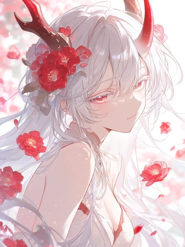 白いロングヘアと赤い瞳、そして赤い角を持つ美しいアニメの少女のイラスト