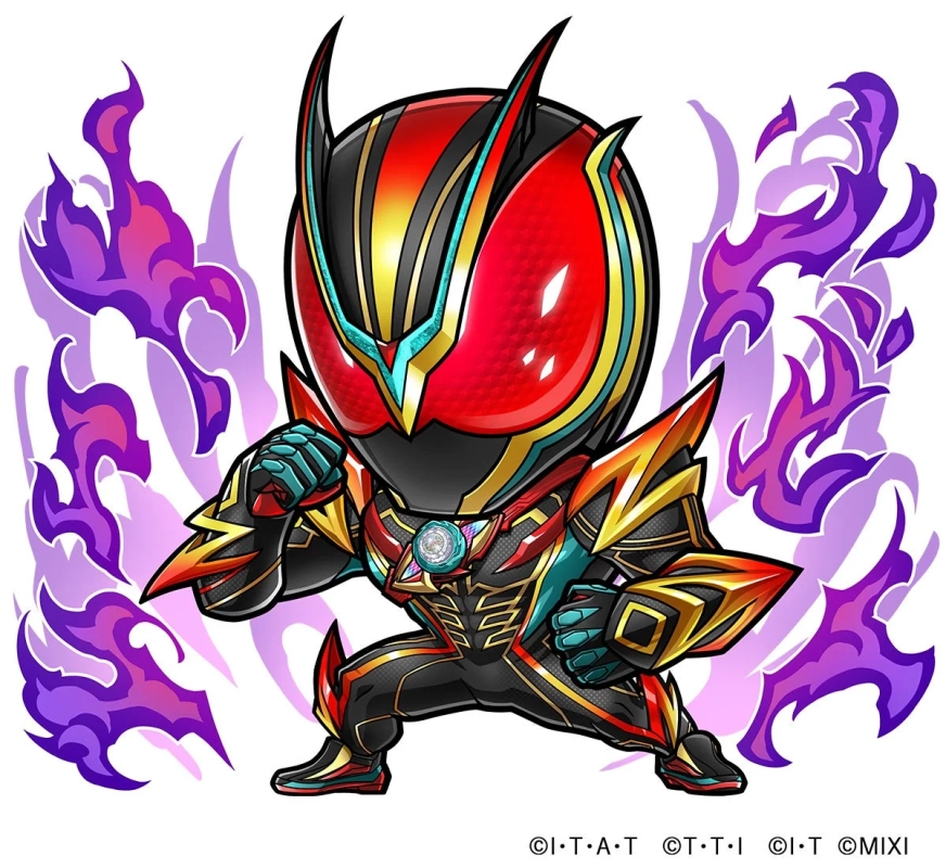 仮面ライダー鎧武のキワミアームズをデフォルメしたちびキャラのイラスト。赤、金、黒を基調とした装甲に、紫色の炎のようなオーラをまとっている。力強いポーズで、かわいらしさの中にヒーローらしい威厳を感じさせるデザイン。