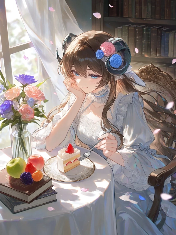 窓辺の光が差し込む部屋で、角と花の飾りをつけた少女が白いドレスをまとい、イチゴのショートケーキを前に穏やかな笑顔を見せている