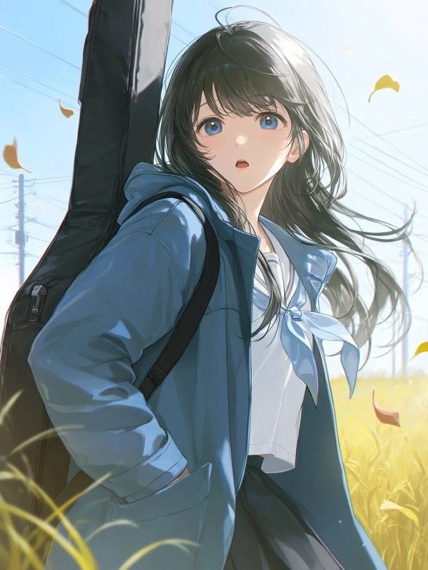青いジャケットを着てギターケースを背負ったアニメ風の少女が、金色の草原に立つイラスト