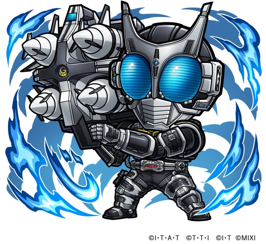 仮面ライダーギルスをデフォルメしたキャラクターが、大型のミサイルランチャーのような武器を構えているイラストです。青い炎のようなエフェクトが周囲に描かれ、ゲームのコラボキャラクターを思わせるデザインです。