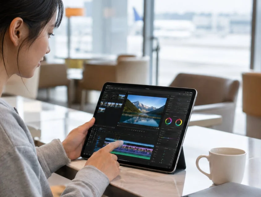 カフェでタブレットを使い動画編集をする女性