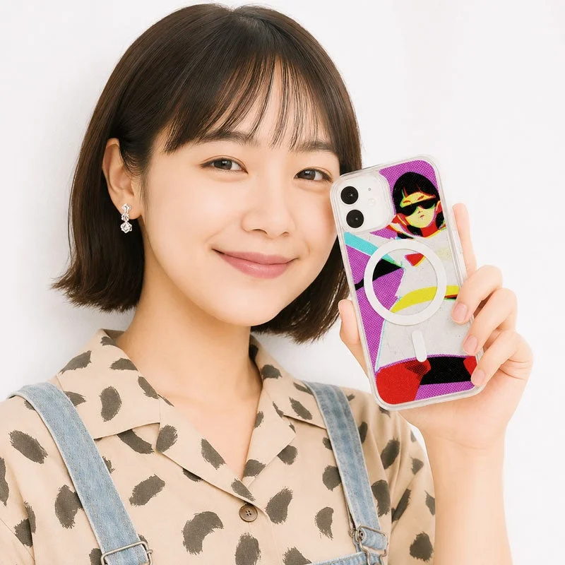 女性がポップアートデザインのスマホケースを持っている画像