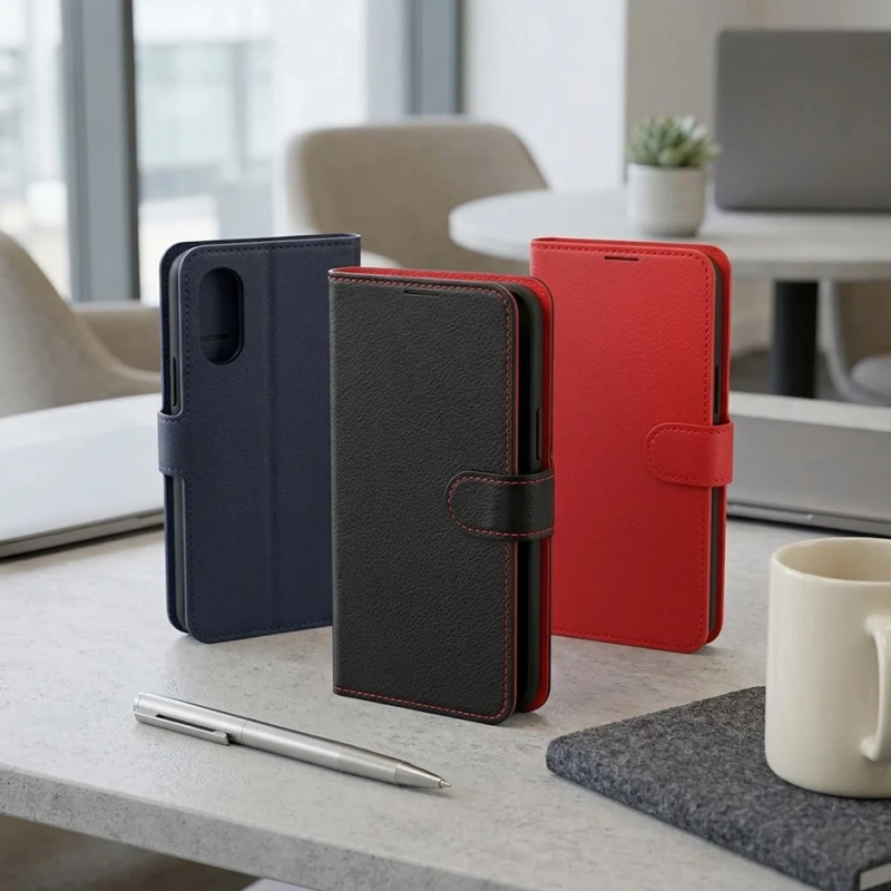 ネイビー、ブラック、レッドの3色の手帳型スマートフォンケースがテーブルに並べられています