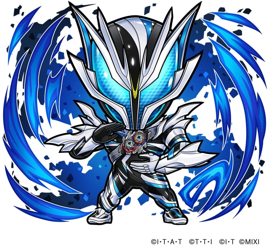 青と白を基調としたデフォルメされた仮面ライダー風キャラクターのイラスト。周囲には青いエネルギーエフェクトが描かれ、特徴的なヘルメットとベルトが目を引く。