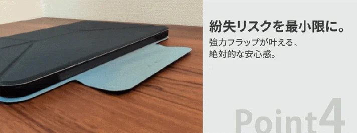 紛失リスクを最小限に。強力フラップが叶える、絶対的な安心感。Point 4