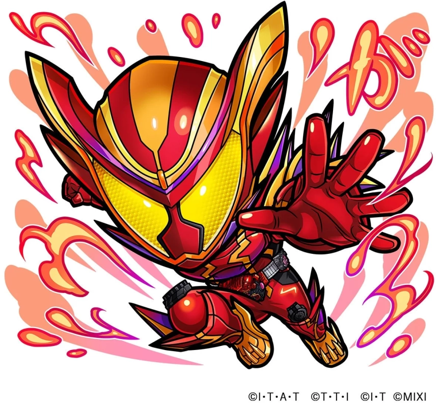 デフォルメされた仮面ライダーセイバー ブレイブドラゴンが、炎のエフェクトを背景に躍動感あるポーズをとっているイラストです。赤と黄色を基調としたパワフルなデザインが特徴的です。