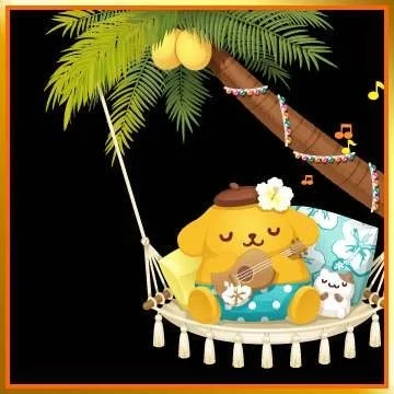 ポムポムプリン、キャラクター、ハワイ、ウクレレ、ハンモック、夏、リラックス、ヤシの木、ココナッツ、音楽、トロピカル、かわいい、サンリオ
