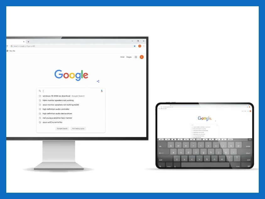 デスクトップモニターとタブレットに表示されたGoogle検索ページ
