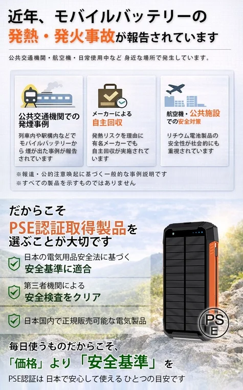 PSE認証取得製品を選ぶことの重要性を訴求するモバイルバッテリーの安全性に関する情報