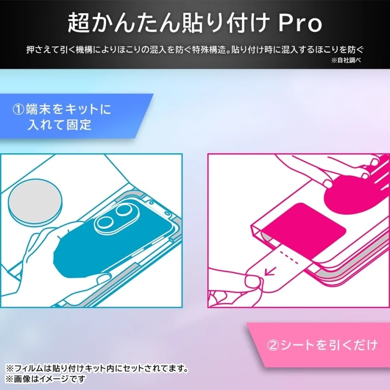 液晶保護フィルム「超かんたん貼り付け Pro」の取り付け手順を示す画像