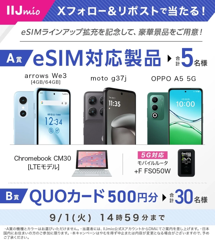 IIJmioのeSIMラインアップ拡充記念キャンペーン。Xでフォロー＆リポストすると、eSIM対応スマホ、Chromebook、モバイルルータ、またはQUOカード500円分が抽選で当たる。