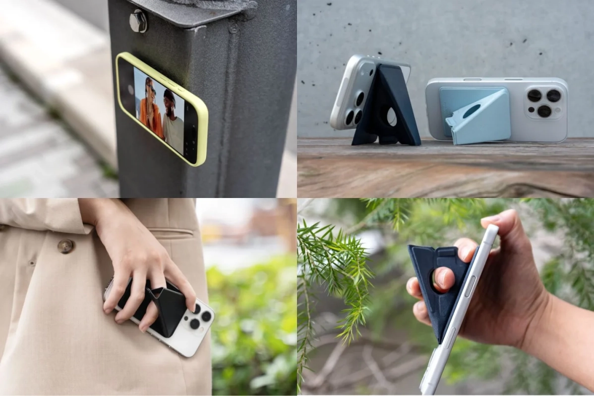 スマートフォン用スタンド兼グリップアクセサリーの多様な使い方コラージュ