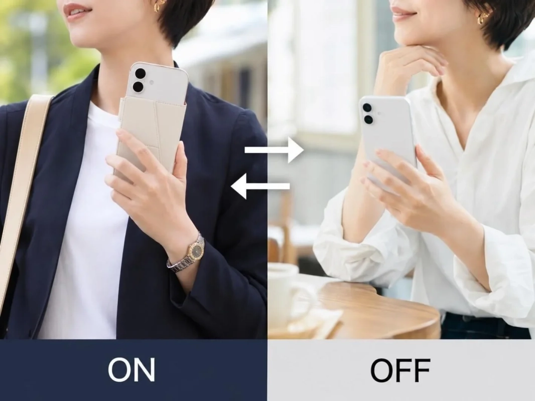女性がスマートフォンを使用している様子を左右で比較。ケースに収納されたスマホとケースなしでスマホを操作しており、「ON」と「OFF」の表示がその違いを示す。