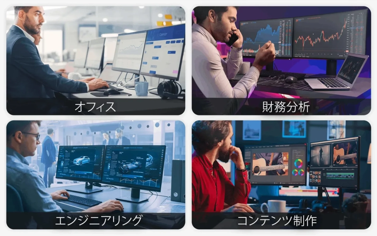 オフィスワーク、財務分析、エンジニアリング、コンテンツ制作といった様々な専門分野での作業風景