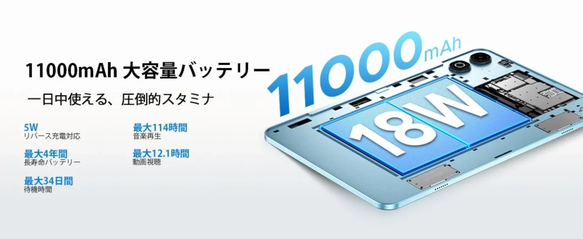 11000mAh大容量バッテリー