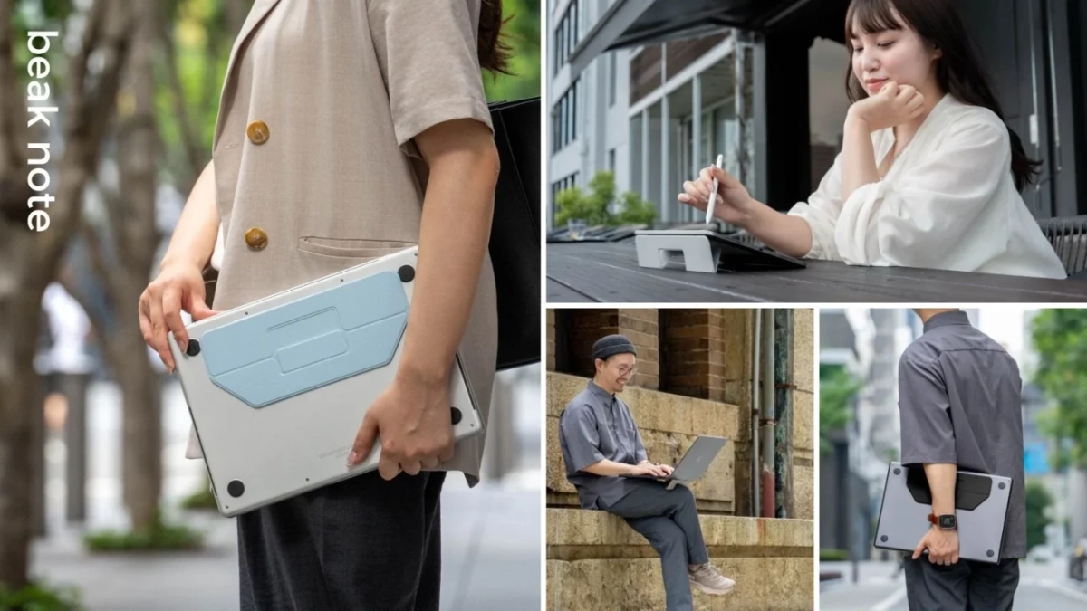 屋外でノートパソコンやタブレットをbeak noteで快適に操作する人々