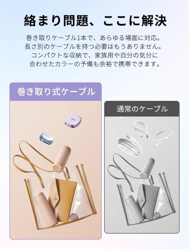 絡まり問題を解決する巻き取り式ケーブル