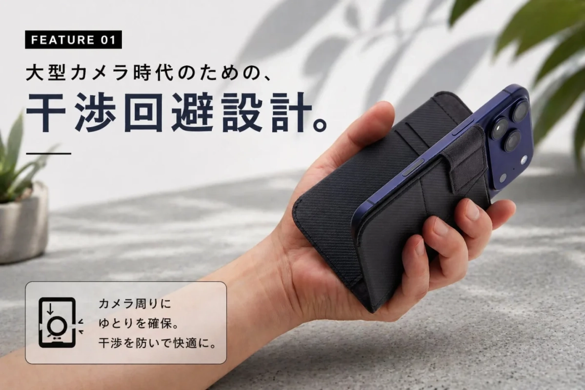 大型カメラ時代のための、干渉回避設計。カメラ周りにゆとりを確保。干渉を防いで快適に。