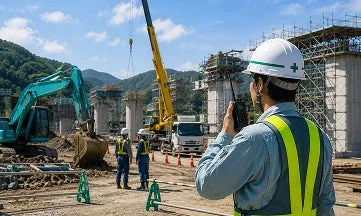 建設現場で無線機を使用する作業員