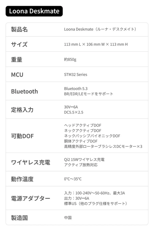 Loona Deskmate 製品仕様