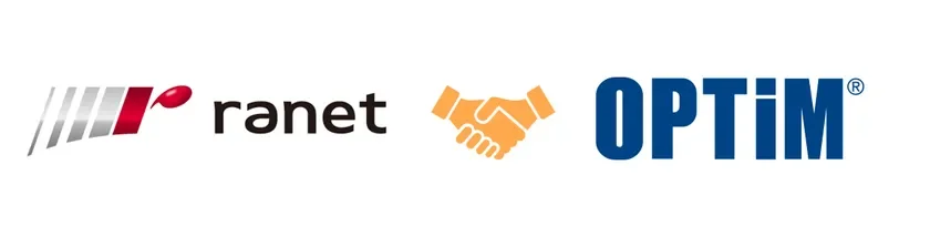 ranetとOPTIMのロゴ、そして握手のアイコンが配置された画像