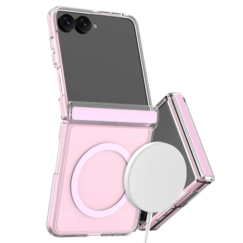 ピンクの折りたたみスマートフォンが透明なケースに入っており、背面にワイヤレス充電器が装着されている。デバイスは開いた状態で、充電中の様子を捉えている。