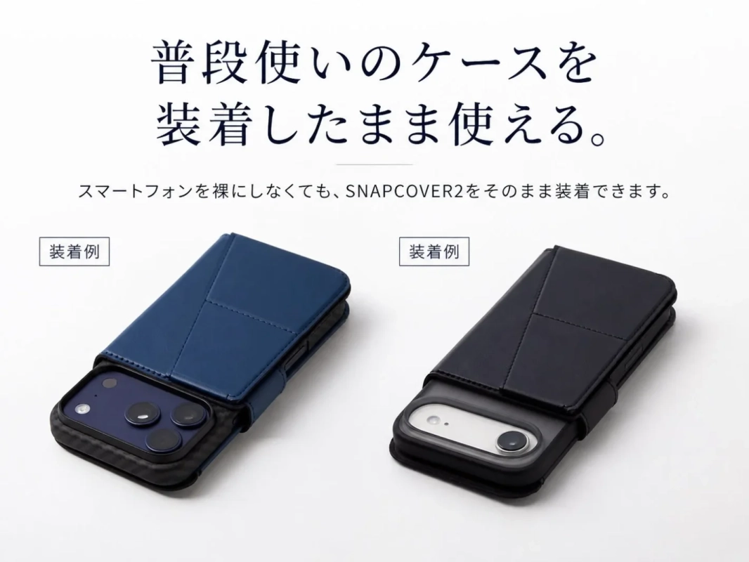 普段使いのケースを装着したまま使える。スマートフォンを裸にしなくても、SNAPCOVER2をそのまま装着できます。