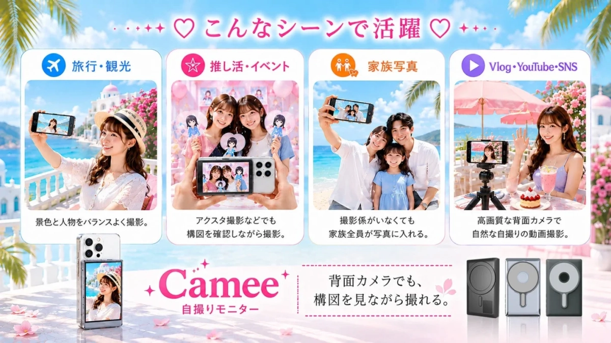 Camee自撮りモニターの広告で、旅行、推し活、家族写真、Vlogなど様々なシーンでの活用方法を紹介