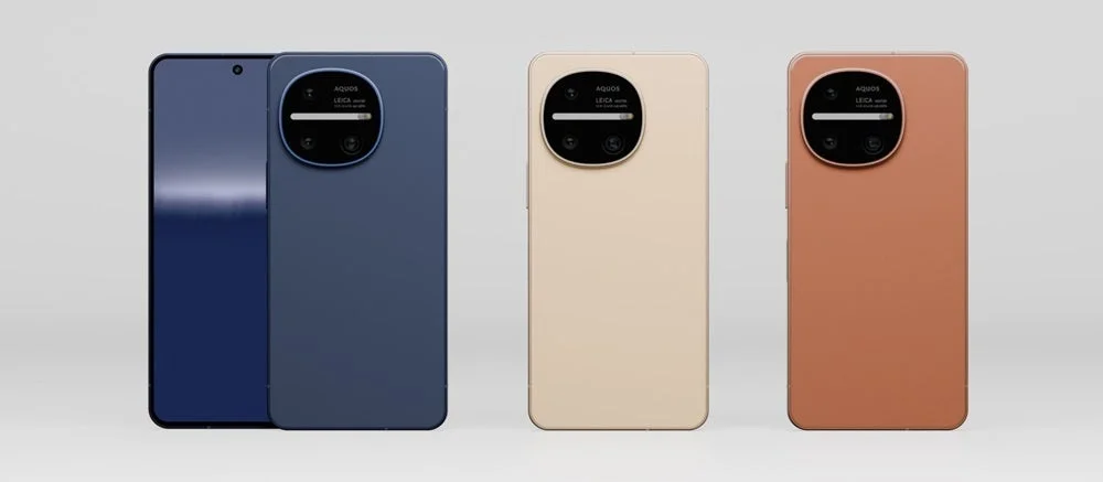 異なる3色のスマートフォンが並べられています。それぞれの背面にはAQUOSとLeicaのロゴが入った特徴的な大型カメラモジュールが確認できます。