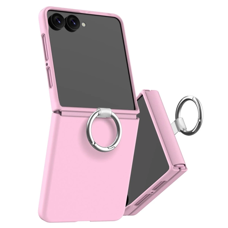 ピンク色の折りたたみ式スマートフォンケースが、開いた状態のスマートフォンに装着されています。ケースには便利なリングホルダーが付いています。