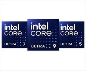 Intel Core Ultraプロセッサーのロゴが3つ並んでいます。中央にUltra 9、左にUltra 7、右にUltra 5のロゴがあり、Intelの新しいCPUブランドを象徴しています。