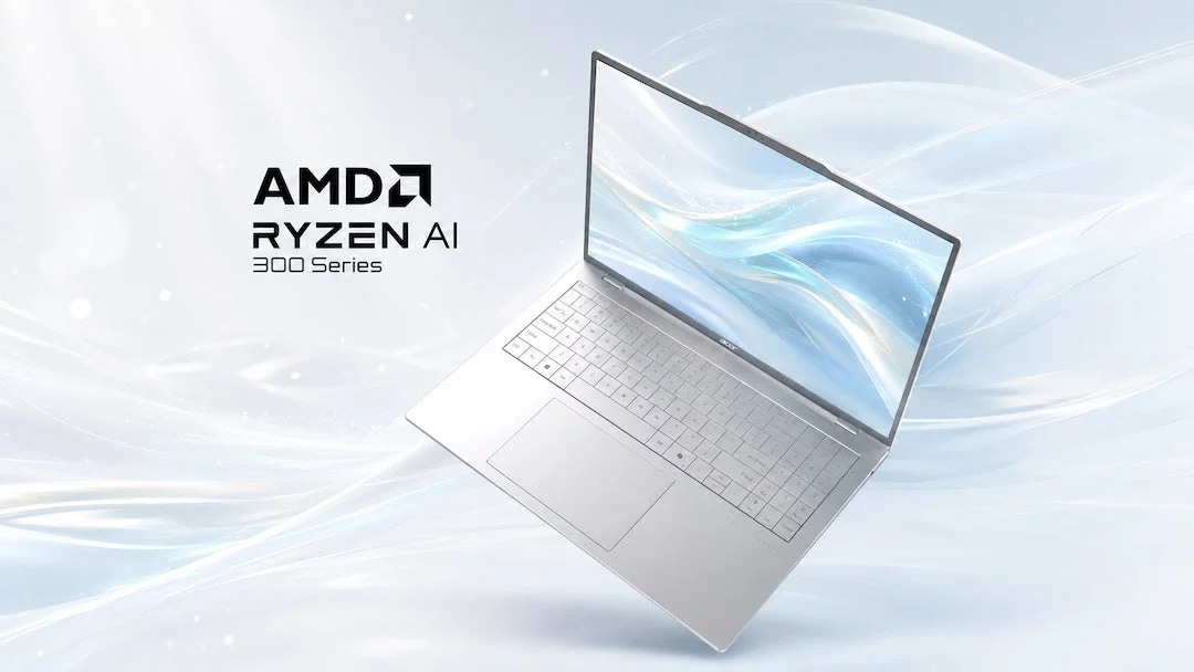 AMD Ryzen AI 300 Seriesのロゴと、そのプロセッサーを搭載したと見られるシルバーのノートパソコン
