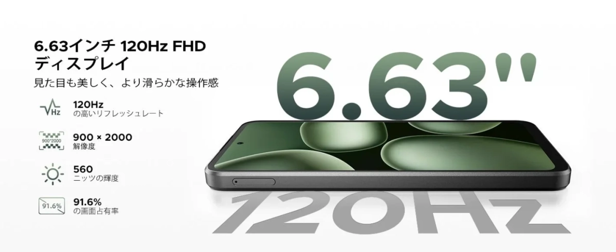 6.63インチ120Hz FHDディスプレイ