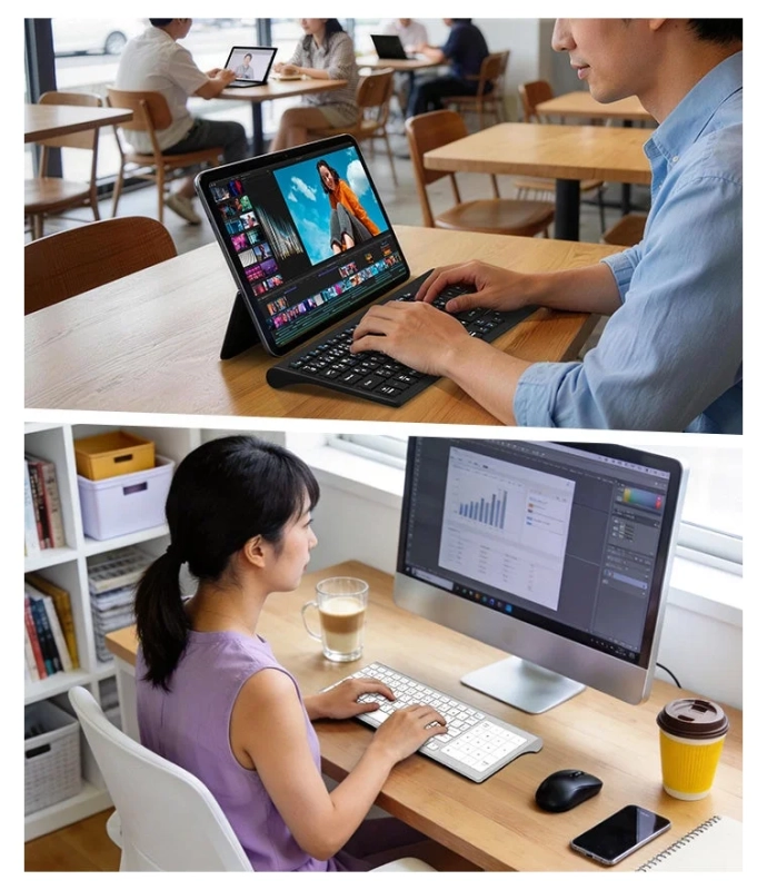 上部ではカフェで男性がタブレットと外付けキーボードで動画編集作業をしており、下部では女性がデスクトップPCでデータ分析のような作業をしている。現代の多様な働き方とデジタルデバイスを活用した作業風景を捉えた画像です。